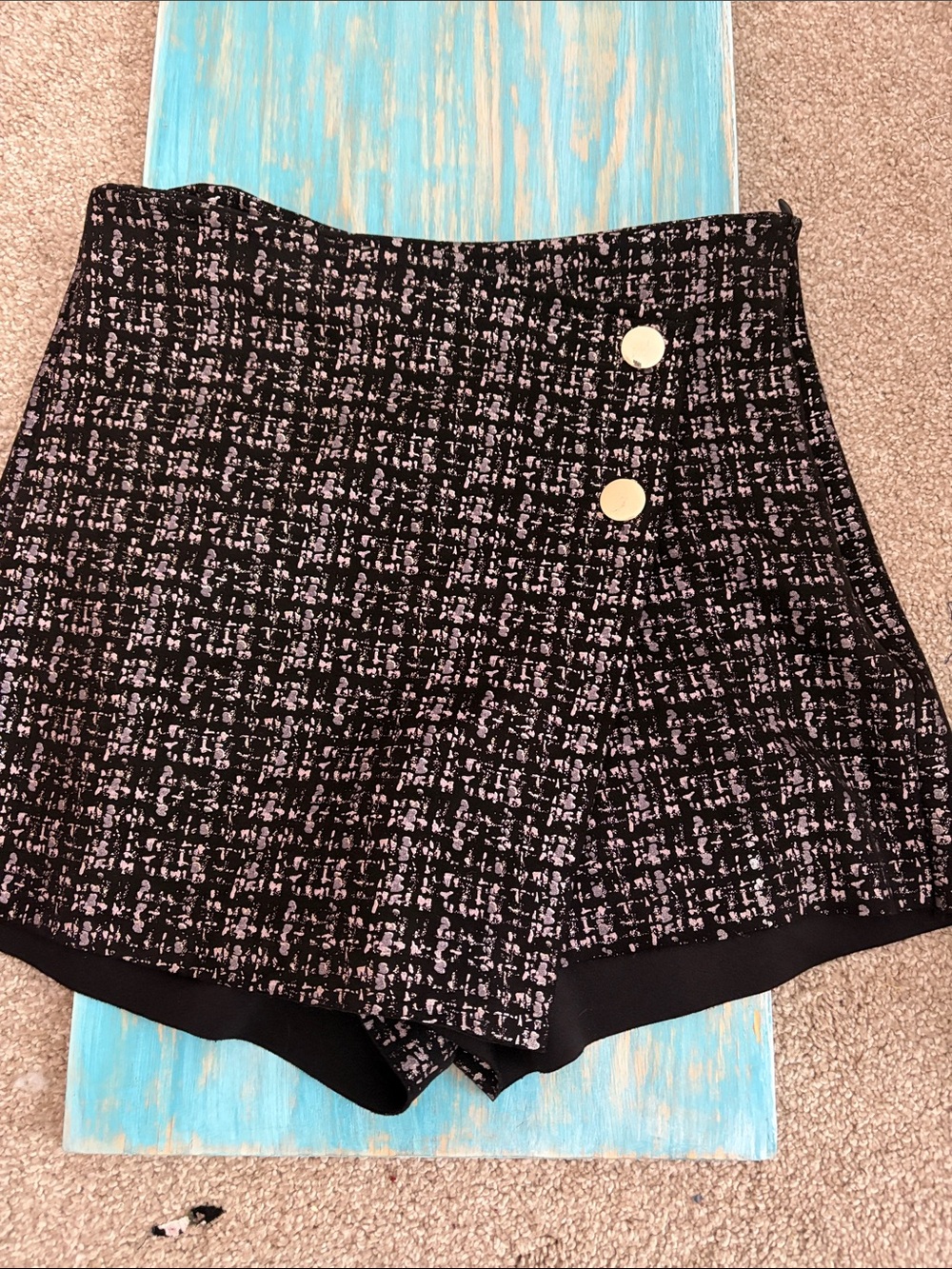 Zara Metallic Black & Silver Tweed Wrap Skort with Gold Buttons - X Small